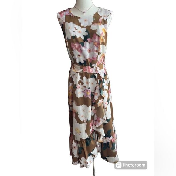 Calvin Klein Size 8 Sleeveless Brown Floral Print Belt w/Ruffle Hem Spring Dress - Picture 1 of 15